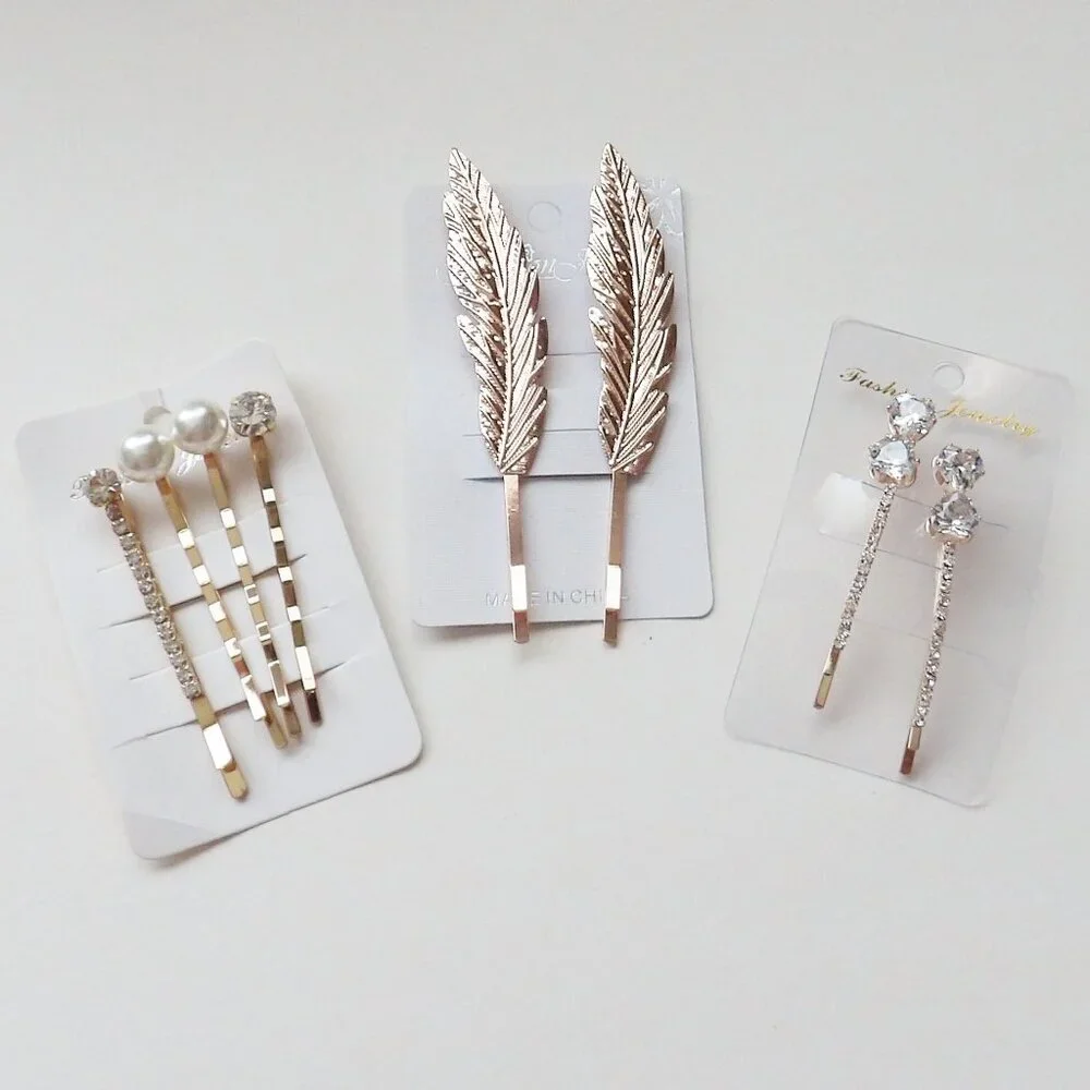 Bundle of 8 Bobby Pins Various Designs Faux Pearl Crystals Gold Tone NEW
